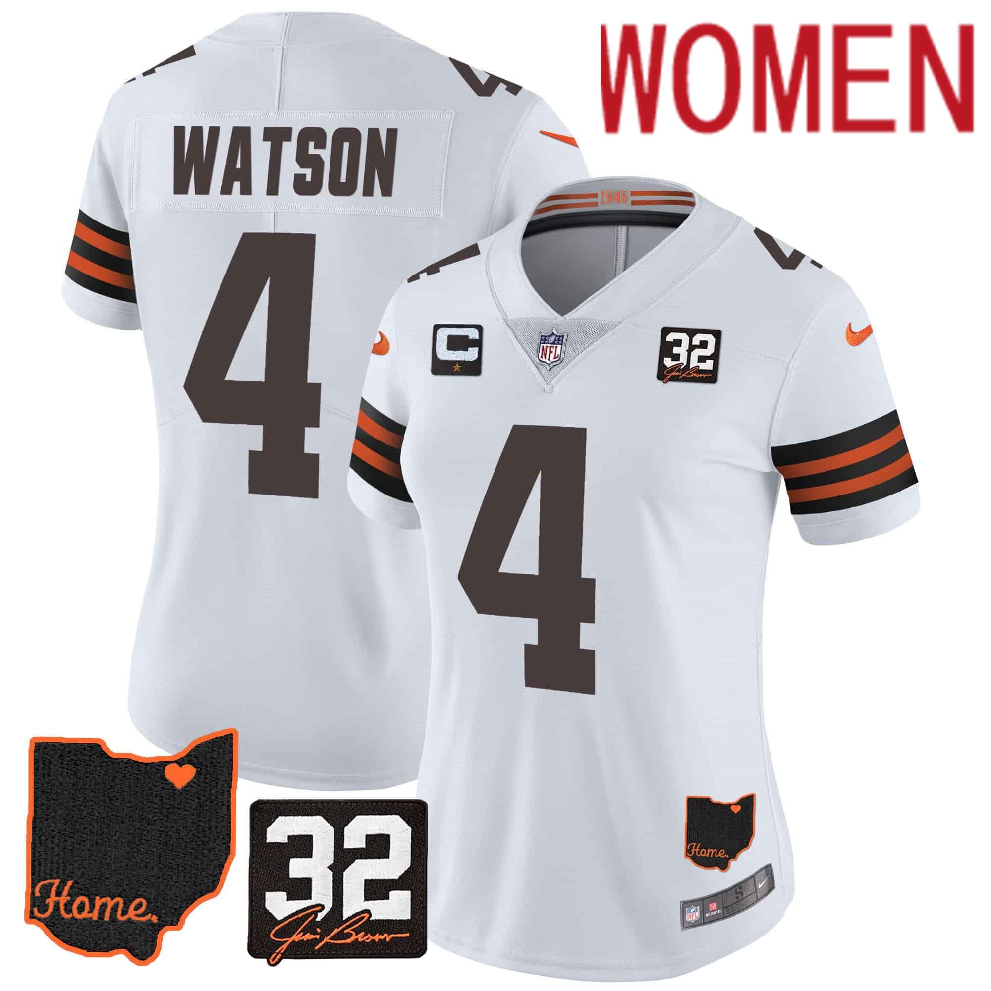 Women Cleveland Browns 4 Watson White Memorial Home Patch 2024 Nike NFL Jersey